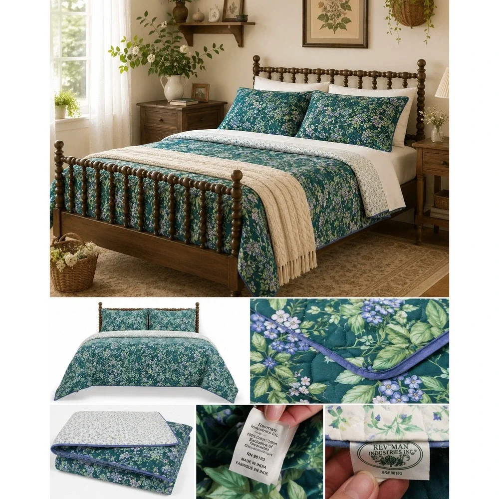 Vintage Laura Ashley Bramble Berry Full/Queen Comforter Set Revman Green 2 Shams